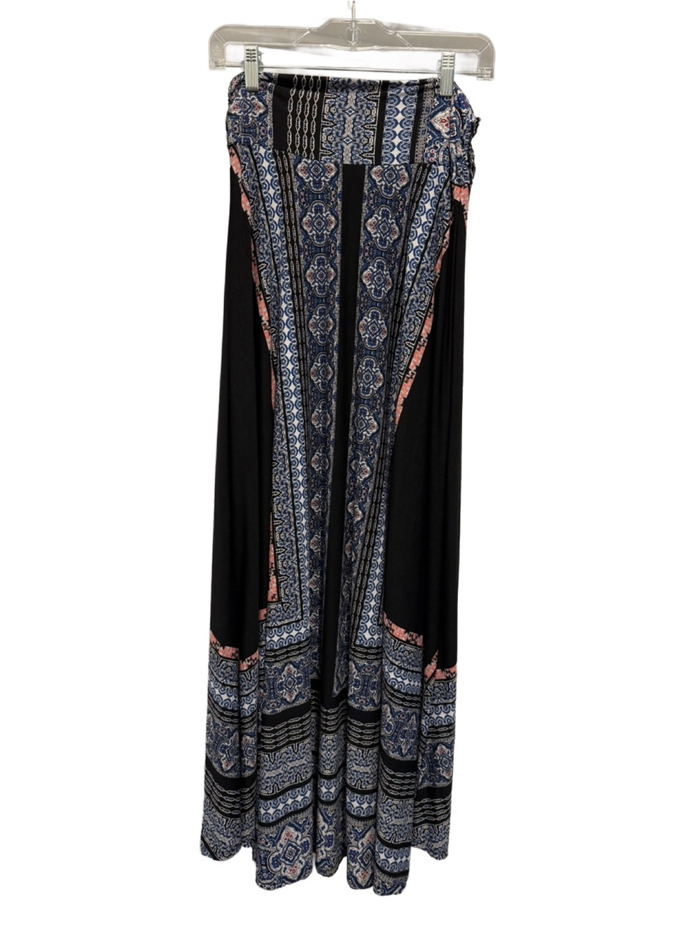 Stitch Fix Black Patterned Pleated Waist Blue Pink Accents Maxi Skirt Size L NWT